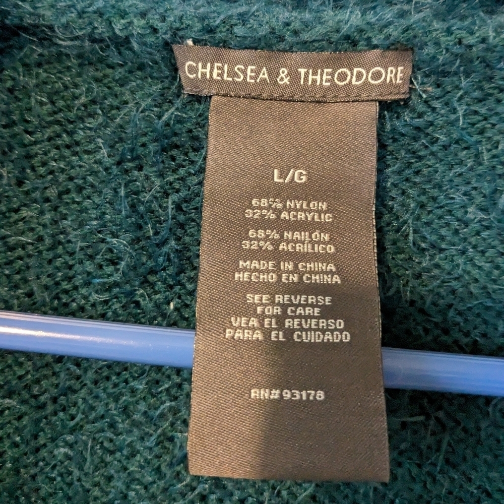 Chelsea & Theodore Turquoise Teal Fuzzy Knit Long Line Open Cardigan Size L - Picture 6 of 6